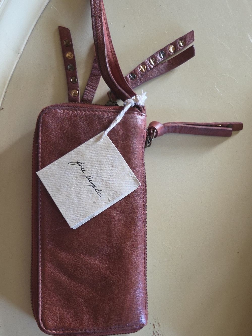 Free People Studded Strap Leather Wristlet in Brown-NWT